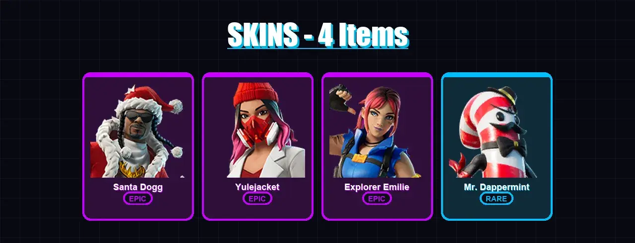 [PC/XBOX/PSN] | Santa Dogg | Yulejacket | Explorer Emilie | Mr. Dappermint | 4 skin | 2 pickaxe | 2 emote | 1 glider | #04380 — główny podgląd