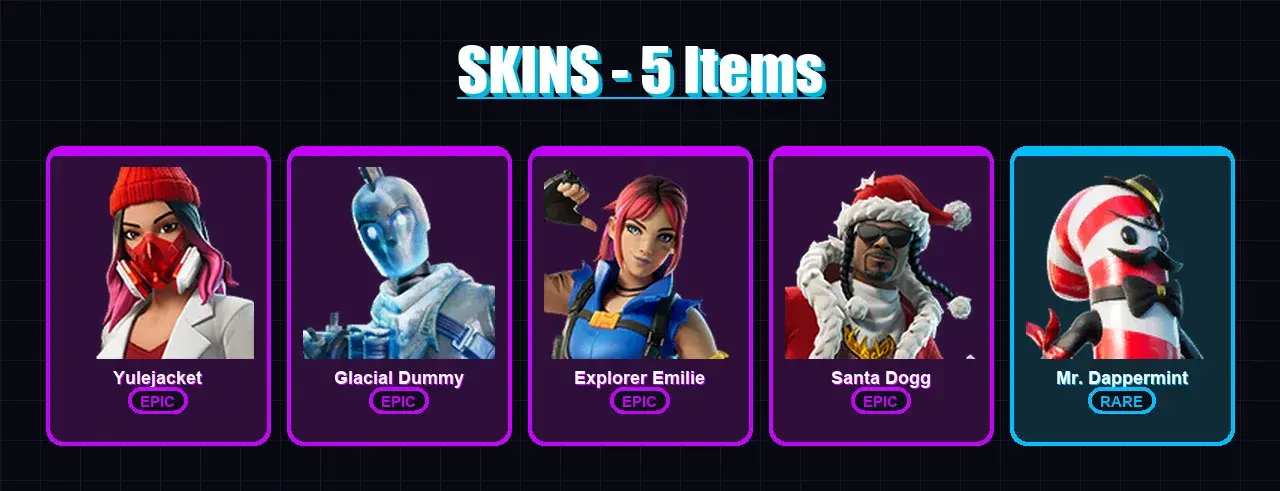 [PC] | Yulejacket | Glacial Dummy | Explorer Emilie | Santa Dogg | Mr. Dappermint | 5 skin | 22 pickaxe | 7 emote | 12 glider | Lv159 — main preview