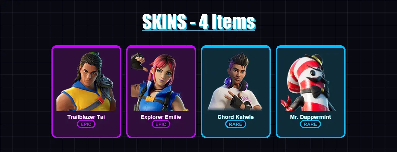 [PC/XBOX/PSN] | Trailblazer Tai | Explorer Emilie | Chord Kahele | Mr. Dappermint | 4 skin | 2 pickaxe | 1 emote | 2 glider | Lv7 — main preview