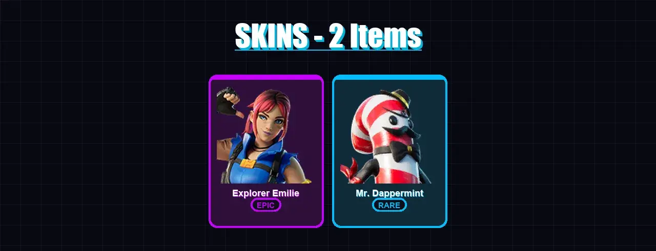 [PS4/PS5/XBOX/PC] | Explorer Emilie | Mr. Dappermint | 2 skin | 6 pickaxe | 2 emote | 3 glider | Lv28 — المعاينة الرئيسية