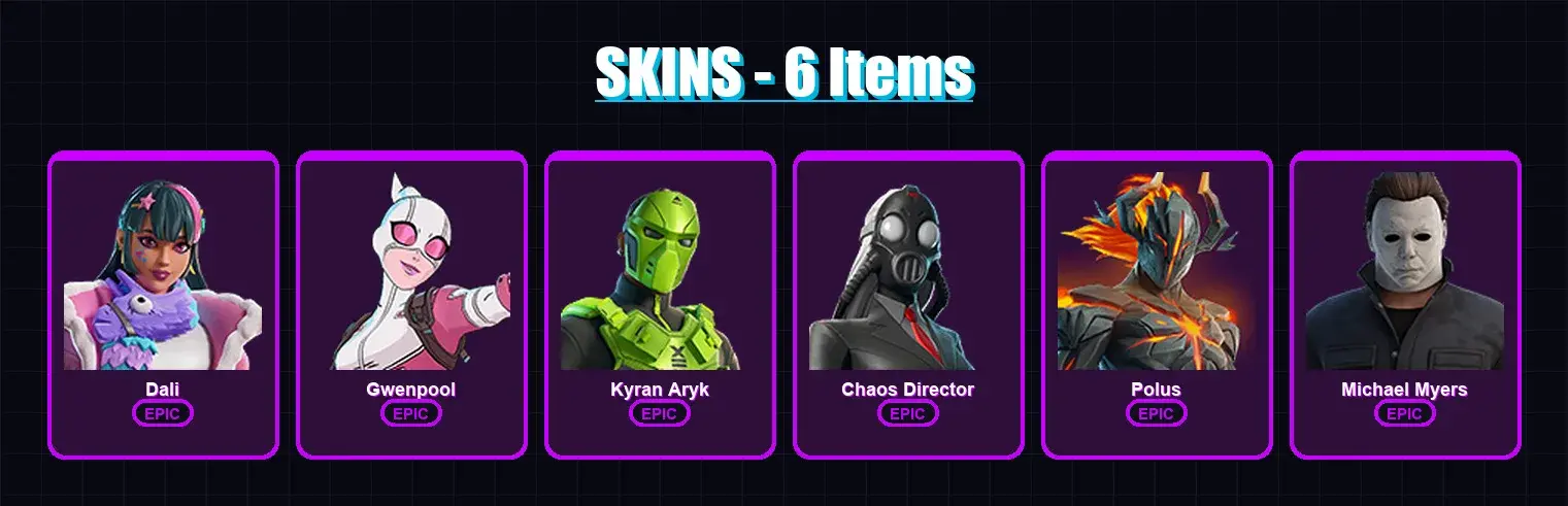 [PC/XBOX] | Dali | Gwenpool | Kyran Aryk | Chaos Director | Polus | 6 skin | 12 pickaxe | 5 emote | 6 glider | Lv32 — anteprima principale