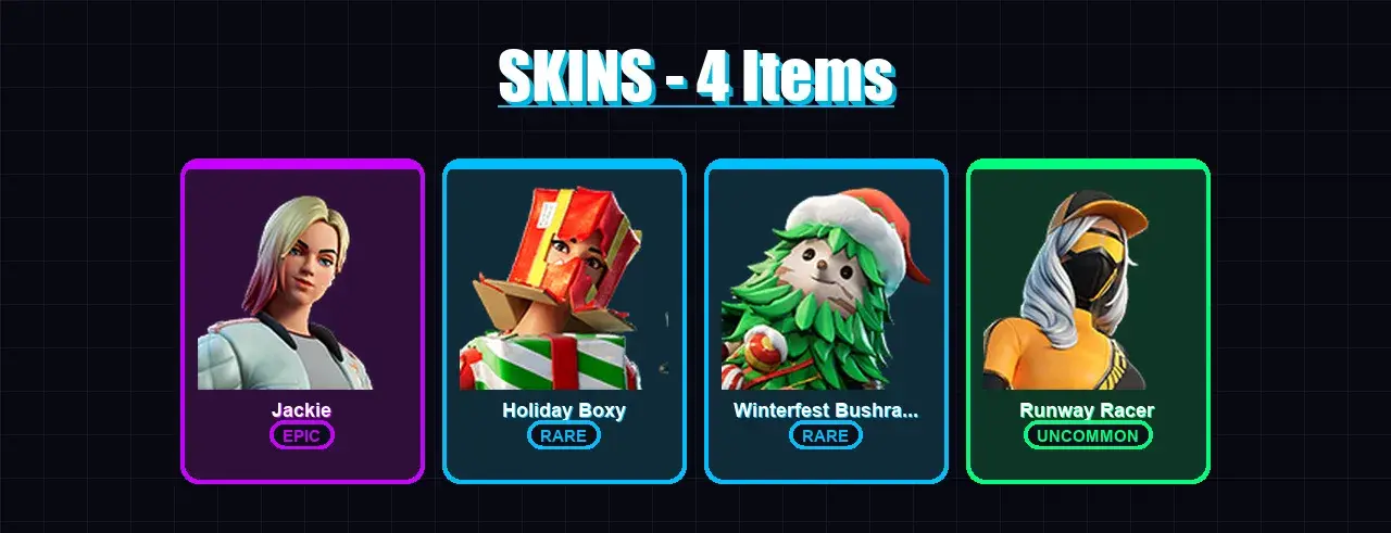 [PC/XBOX/PSN] | Jackie | Holiday Boxy | Winterfest Bushranger | Runway Racer | 4 skin | 8 pickaxe | 8 emote | 16 glider | Lv180 — Hauptvorschau