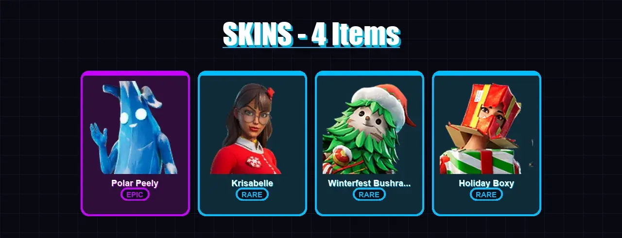 [PC/XBOX/PSN] | Polar Peely | Krisabelle | Winterfest Bushranger | Holiday Boxy | 4 skin | 6 pickaxe | 2 emote | 8 glider | Lv37 — vista previa principal