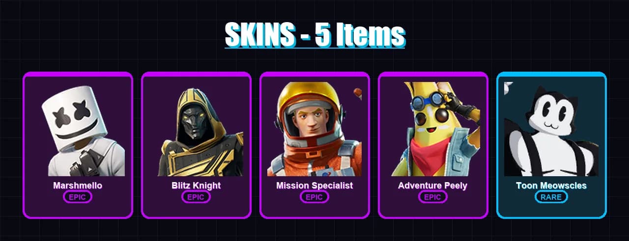 [PC/XBOX/PSN] | Marshmello | Blitz Knight | Mission Specialist | Adventure Peely | Toon Meowscles | 5 skin | 5 pickaxe | 1 emote | 1 glider | Lv113 — anteprima principale