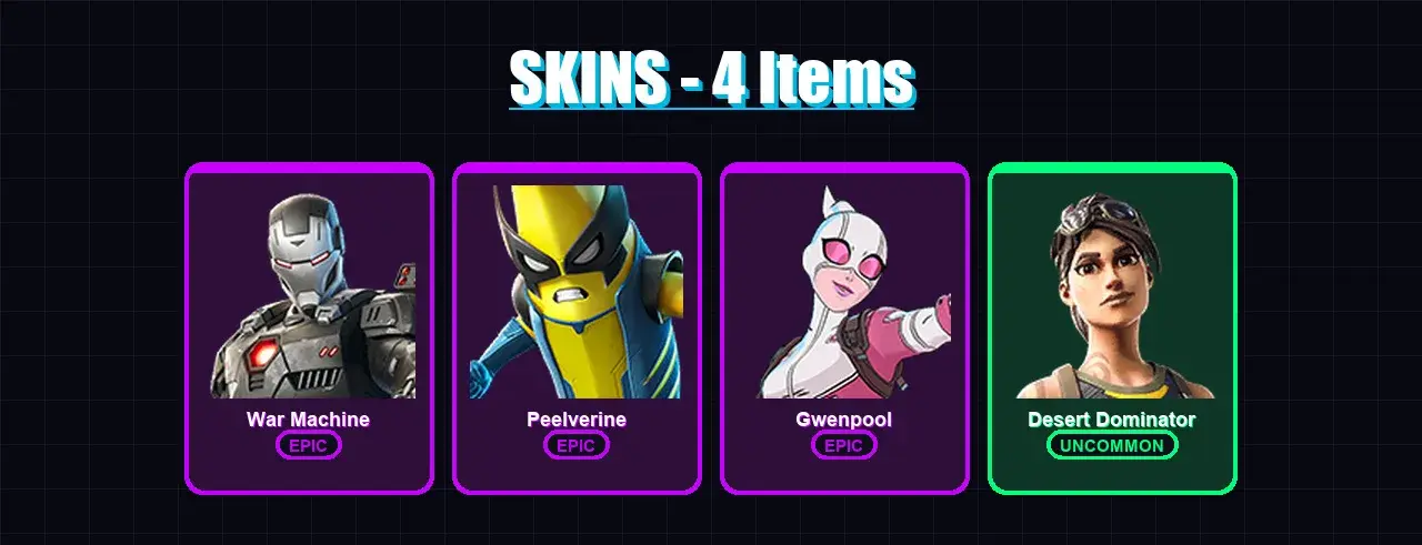 [PC/XBOX/PSN] | War Machine | Peelverine | Gwenpool | Desert Dominator | 4 skin | 5 pickaxe | 5 emote | 6 glider | Lv79 — anteprima principale