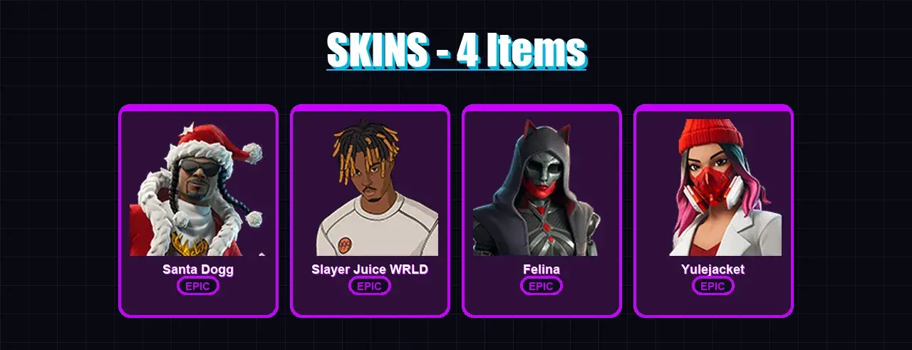 [PC/XBOX/PSN] | Santa Dogg | Slayer Juice WRLD | Felina | Yulejacket | 4 skin | 26 pickaxe | 24 emote | 20 glider | Lv462 — aperçu principal