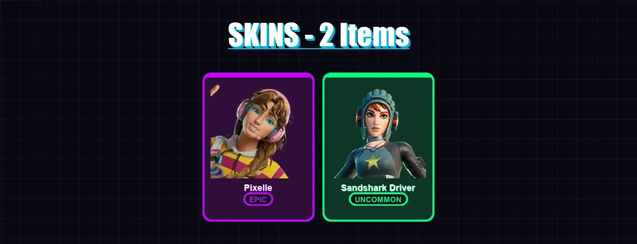 [PC/PSN] | Pixelle | Sandshark Driver | 2 skin | 17 pickaxe | 10 emote | 13 glider | Lv119 — pré-visualização principal