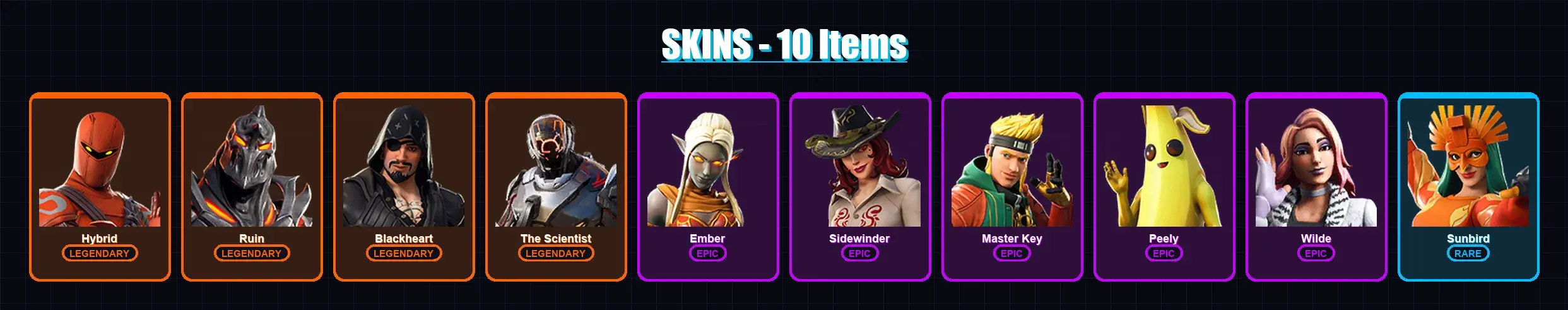 [PC/XBOX/PSN] | Hybrid | Ruin | Blackheart | The Scientist | Ember | 10 skin | 8 pickaxe | 23 emote | 14 glider | Lv206 — main preview