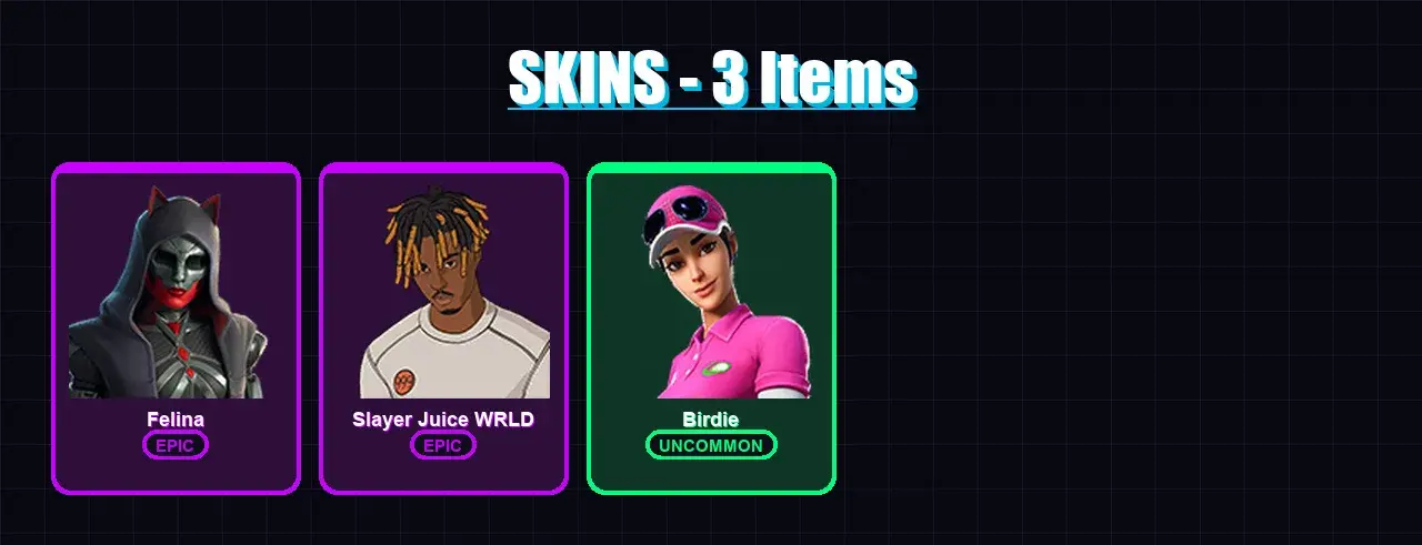 [PC/XBOX/PSN] | Felina | Slayer Juice WRLD | Birdie | 3 skin | 18 pickaxe | 11 emote | 19 glider | Lv283 — aperçu principal