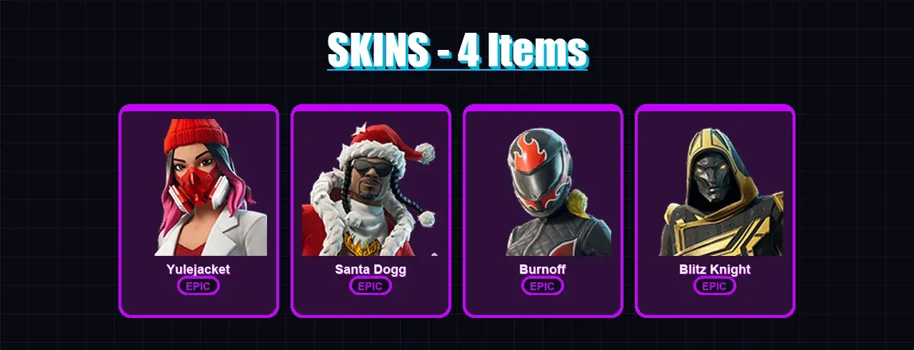 [PC] | Yulejacket | Santa Dogg | Burnoff | Blitz Knight | 4 skin | 26 pickaxe | 6 emote | 16 glider | Lv125 — main preview
