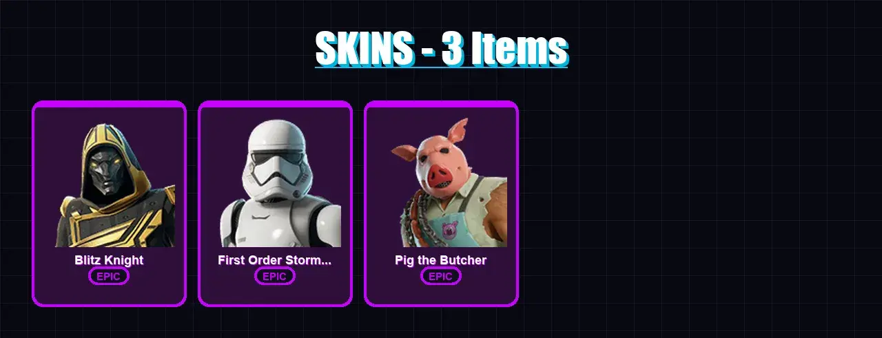 [PC/XBOX/PSN] | Blitz Knight | First Order Stormtrooper | Pig the Butcher | 3 skin | 25 pickaxe | 12 emote | 19 glider | Lv210 — المعاينة الرئيسية