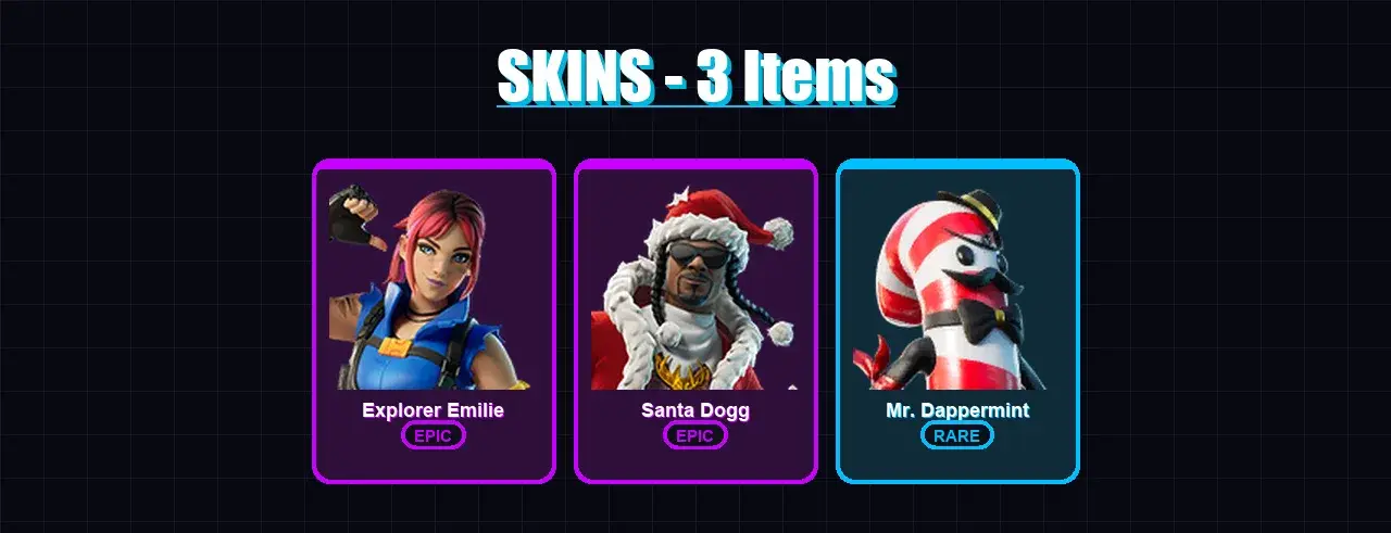 [PC/XBOX/PSN] | Explorer Emilie | Santa Dogg | Mr. Dappermint | 3 skin | 1 pickaxe | 2 emote | 1 glider | #37734 — main preview