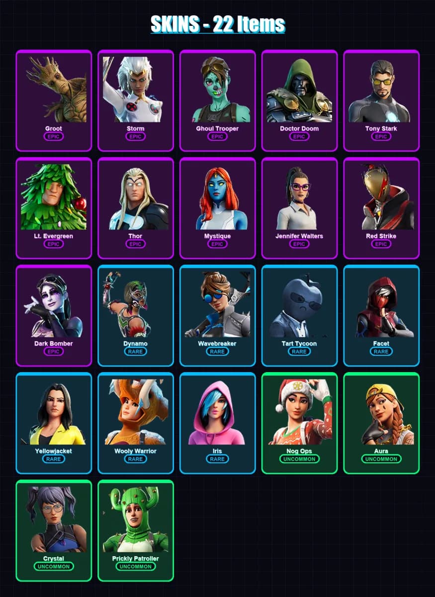 [PC/XBOX/PSN] | Groot | Storm | Ghoul Trooper | Doctor Doom | Tony Stark | 22 skin | 24 pickaxe | 30 emote | 27 glider | Lv572 — main preview