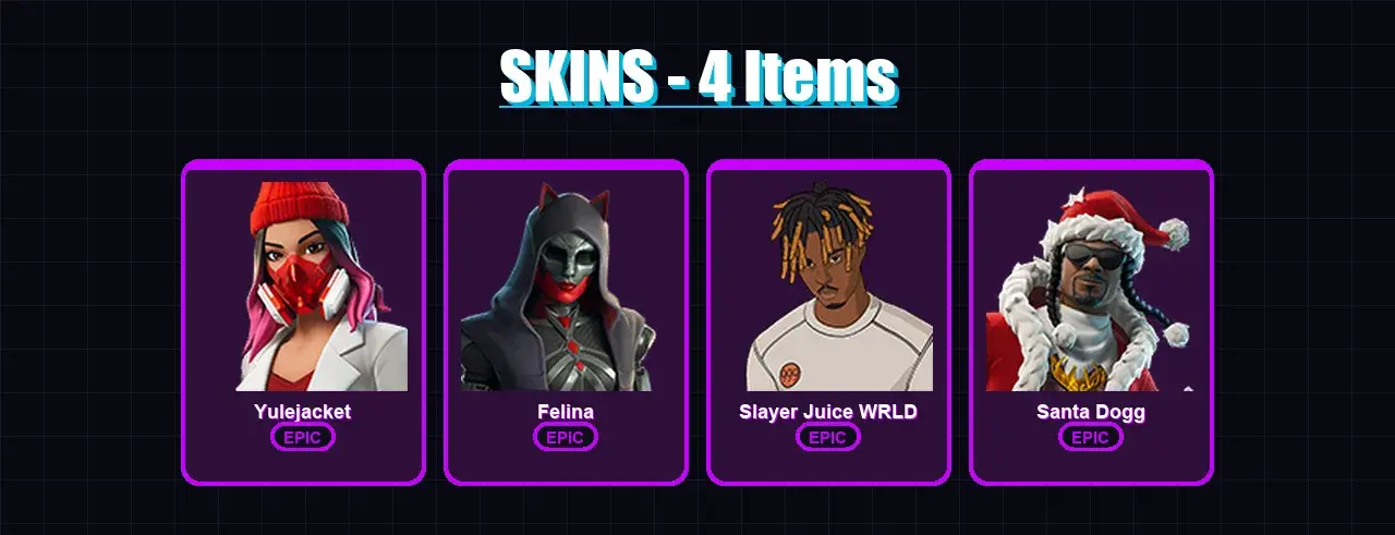 [PC/XBOX/PSN] | Yulejacket | Felina | Slayer Juice WRLD | Santa Dogg | 4 skin | 24 pickaxe | 9 emote | 16 glider | Lv231 — główny podgląd