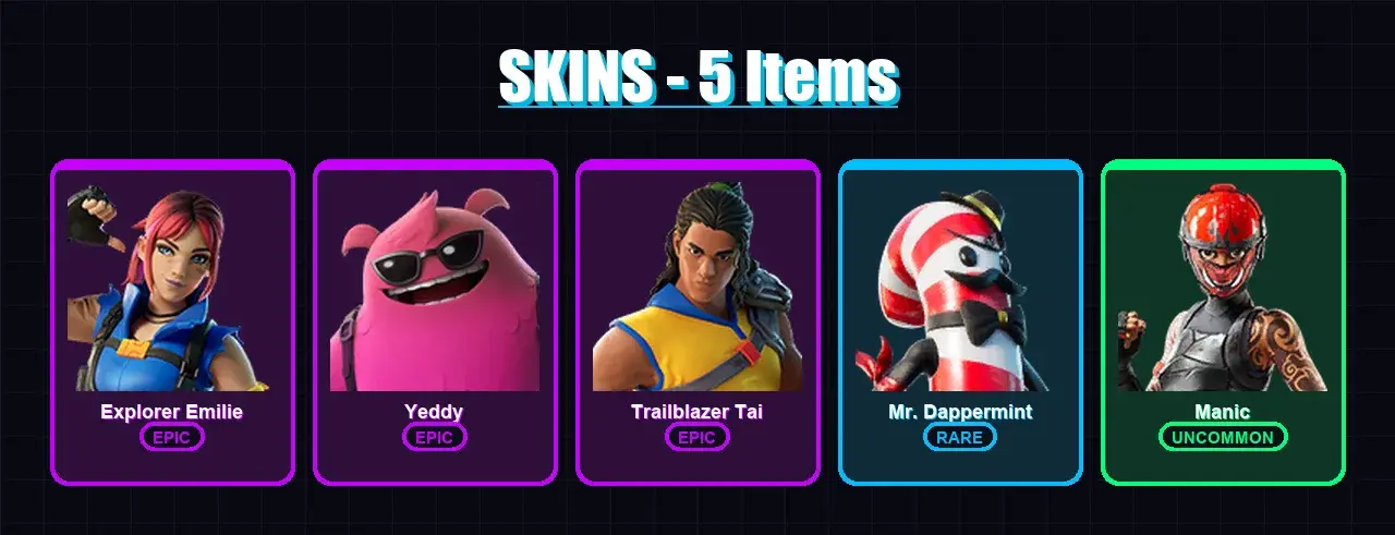 [PC/XBOX/PSN] | Explorer Emilie | Yeddy | Trailblazer Tai | Mr. Dappermint | Manic | 5 skin | 18 pickaxe | 10 emote | 15 glider | Lv451 — main preview