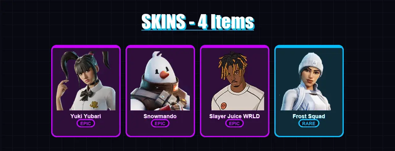 [PC/XBOX/PSN] | Yuki Yubari | Snowmando | Slayer Juice WRLD | Frost Squad | 4 skin | 32 pickaxe | 15 emote | 19 glider | Lv262 — Hauptvorschau