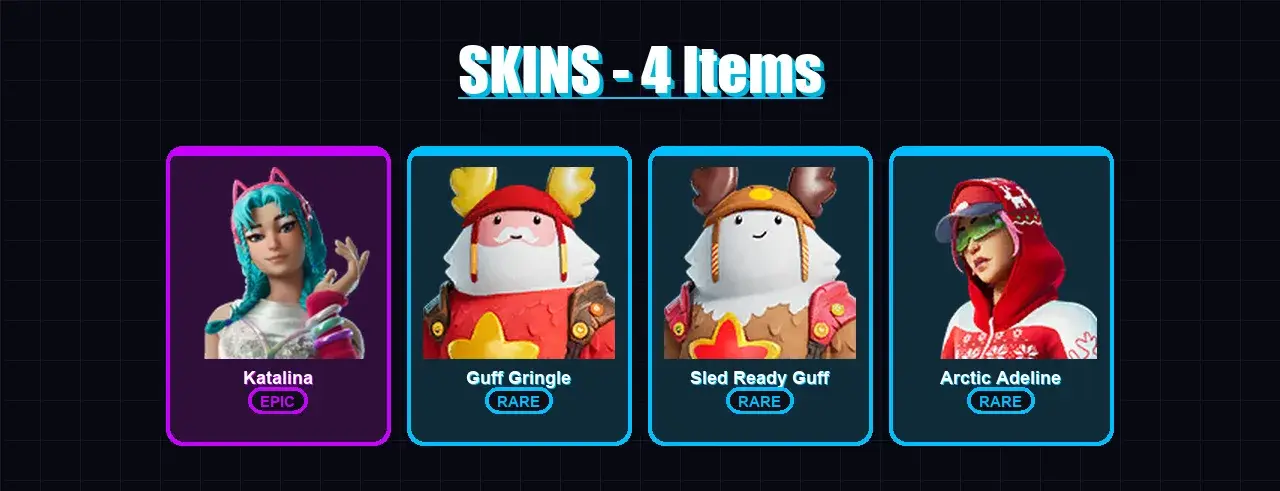 [PC/XBOX/PSN] | Katalina | Guff Gringle | Sled Ready Guff | Arctic Adeline | 4 skin | 24 pickaxe | 11 emote | 18 glider | Lv257 — Hauptvorschau