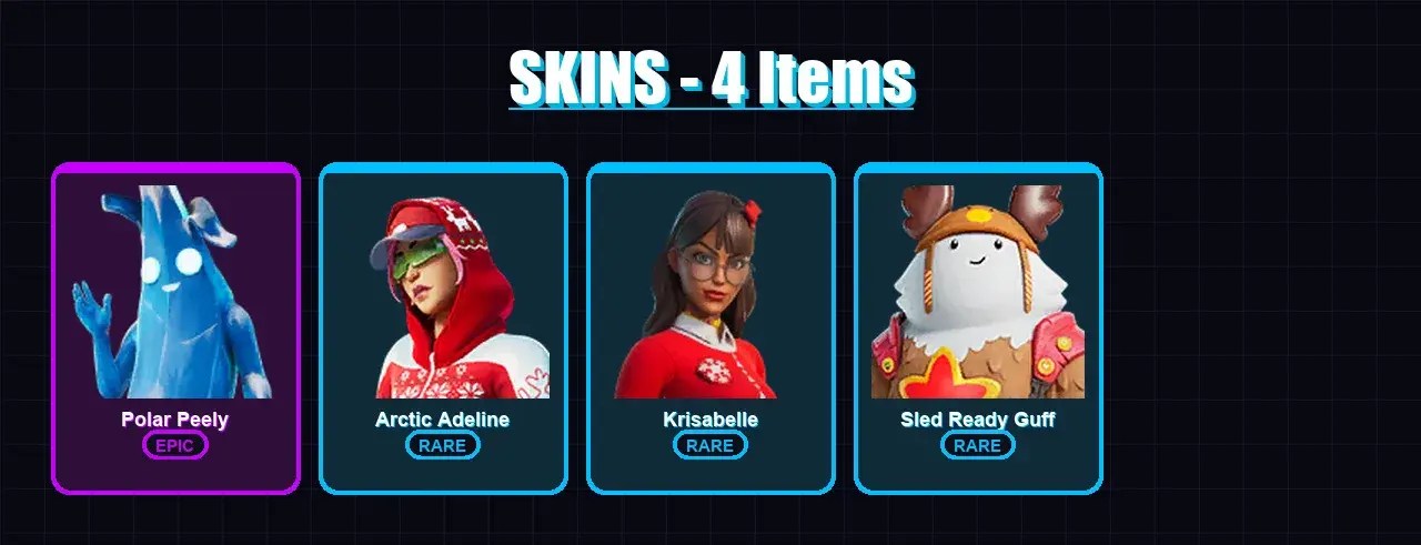 [PC/XBOX/PSN] | Polar Peely | Arctic Adeline | Krisabelle | Sled Ready Guff | 4 skin | 9 pickaxe | 12 emote | 11 glider | Lv101 — 메인 미리보기