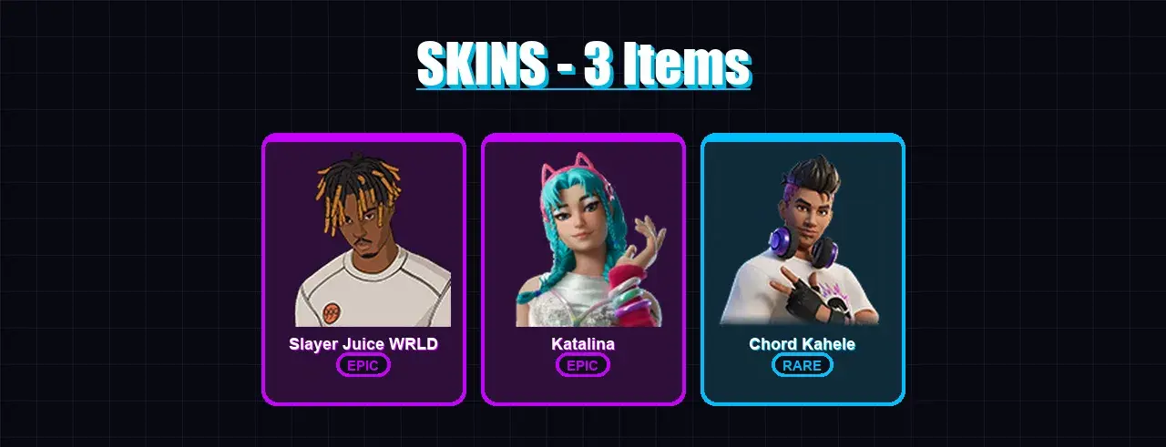 [PC/XBOX/PSN] | Slayer Juice WRLD | Katalina | Chord Kahele | 3 skin | 10 pickaxe | 2 emote | 6 glider | Lv28 — aperçu principal