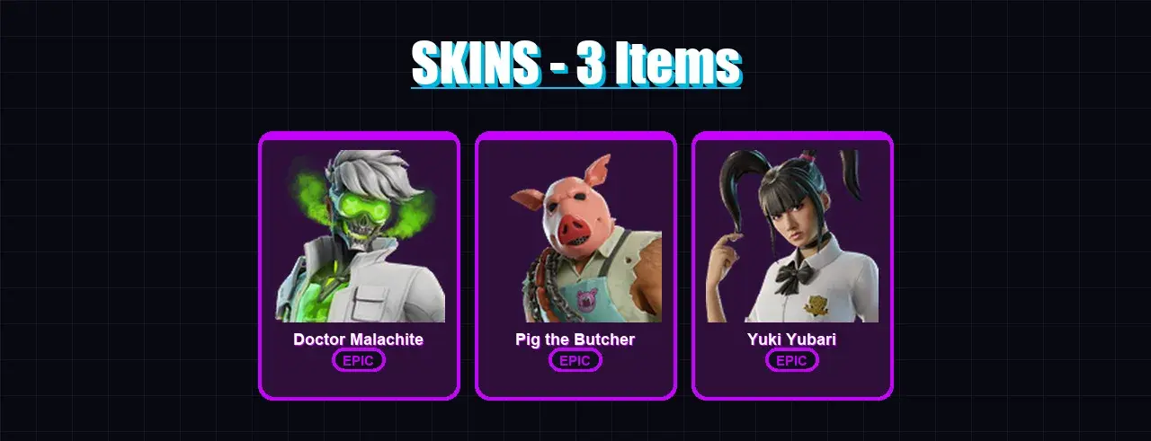 [PC/XBOX/PSN] | Doctor Malachite | Pig the Butcher | Yuki Yubari | 3 skin | 15 pickaxe | 9 emote | 11 glider | Lv131 — основное превью