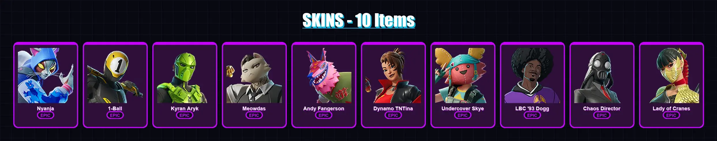 [PC/XBOX/PSN] | Nyanja | 1-Ball | Kyran Aryk | Meowdas | Andy Fangerson | 10 skin | 18 pickaxe | 9 emote | 7 glider | Lv68 — vista previa principal