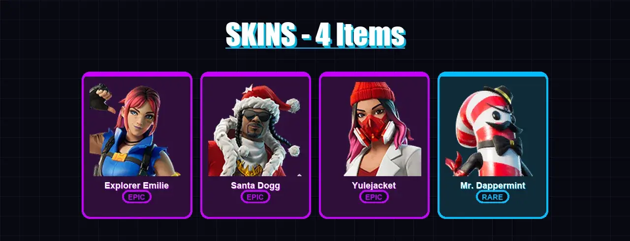 [PC/XBOX/PSN] | Explorer Emilie | Santa Dogg | Yulejacket | Mr. Dappermint | 4 skin | 2 pickaxe | 2 emote | 1 glider | #04252 — główny podgląd