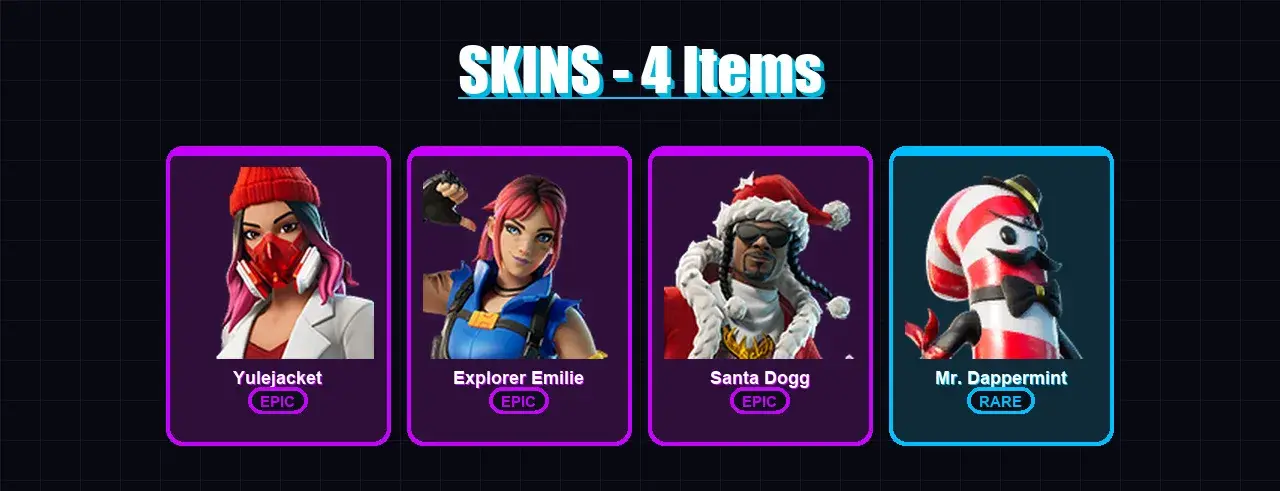 [PC/XBOX/PSN] | Yulejacket | Explorer Emilie | Santa Dogg | Mr. Dappermint | 4 skin | 2 pickaxe | 2 emote | 1 glider | #04433 — główny podgląd