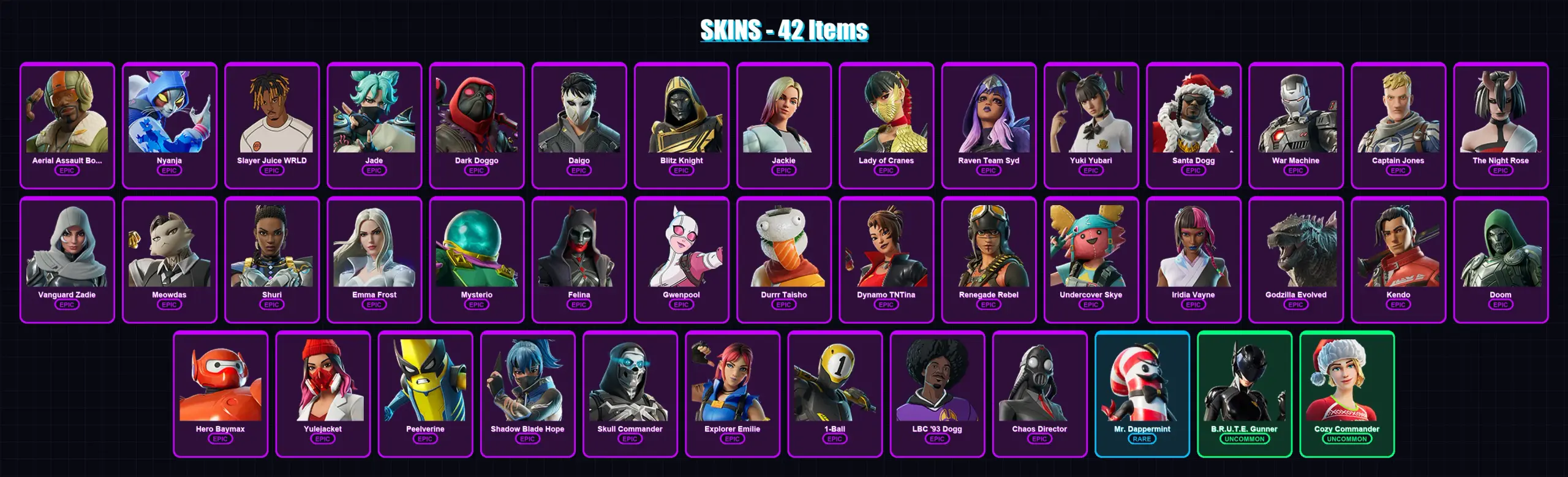 [PC] | Aerial Assault Bomber | Nyanja | Slayer Juice WRLD | Jade | Dark Doggo | 42 skin | 129 pickaxe | 57 emote | 82 glider | Lv1990 — основное превью