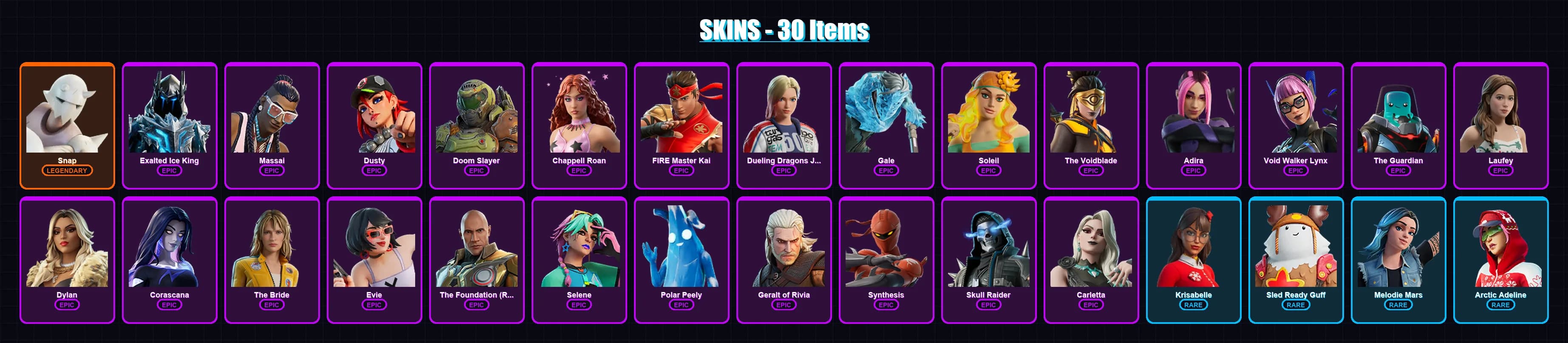 [PC] | Snap | Exalted Ice King | Massai | Dusty | Doom Slayer | 30 skin | 43 pickaxe | 24 emote | 43 glider | Lv412 — main preview