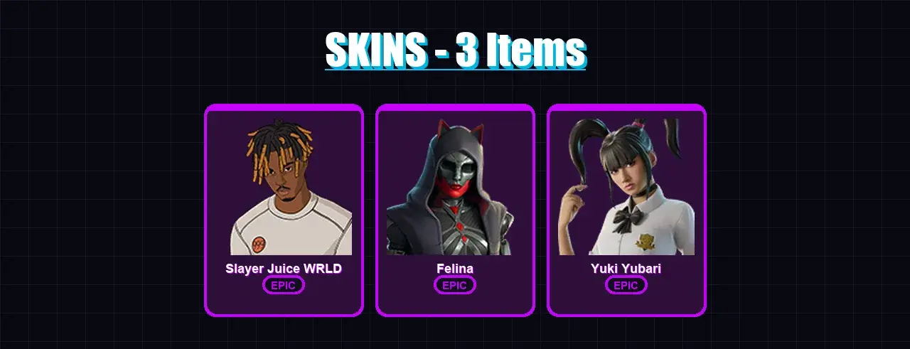[PC/PSN] | Slayer Juice WRLD | Felina | Yuki Yubari | 3 skin | 29 pickaxe | 15 emote | 17 glider | Lv347 — aperçu principal