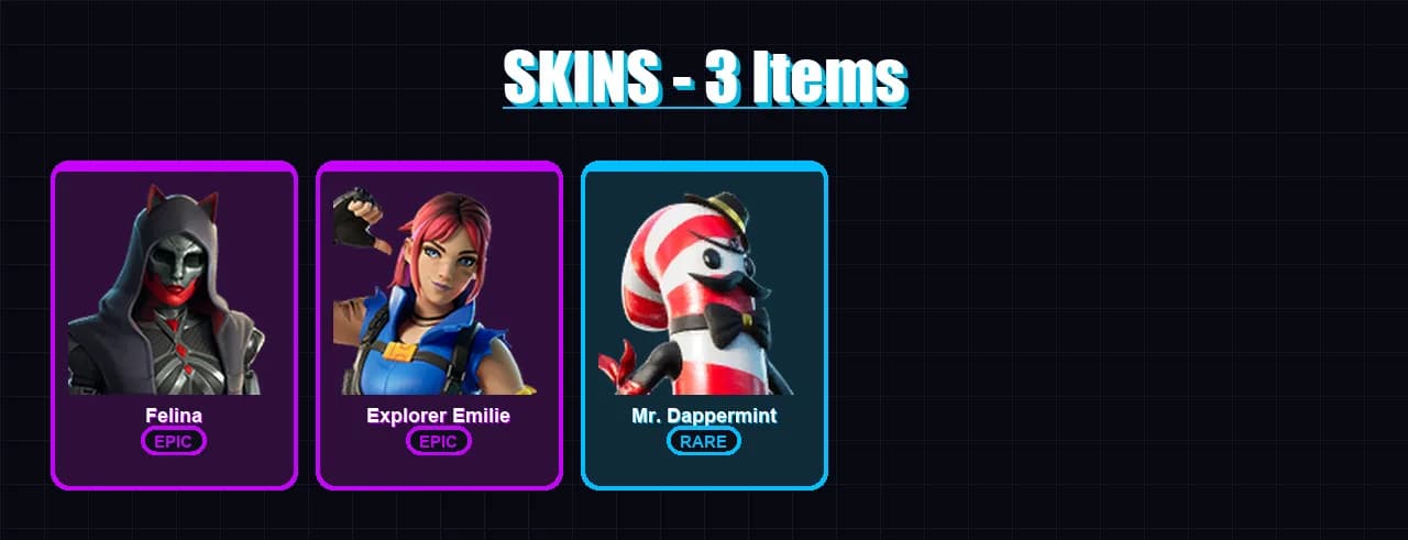[PC/XBOX/PSN] | Felina | Explorer Emilie | Mr. Dappermint | 3 skin | 39 pickaxe | 17 emote | 27 glider | Lv347 — メインプレビュー