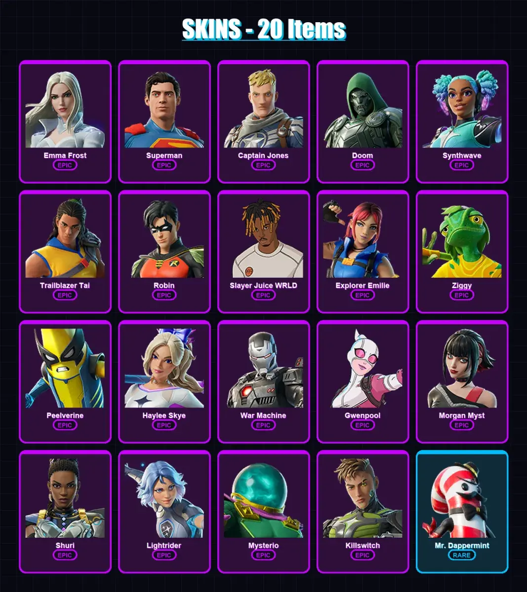 [PC] | Emma Frost | Superman | Captain Jones | Doom | Synthwave | 20 skin | 42 pickaxe | 37 emote | 41 glider | Lv791 — aperçu principal