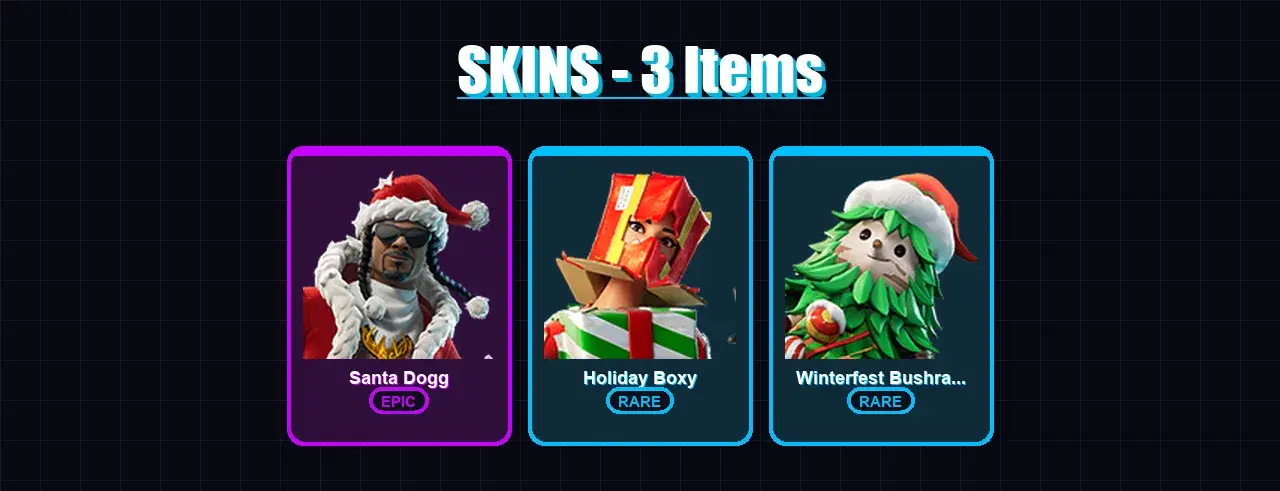 [PS4/PS5/XBOX/PC] | Santa Dogg | Holiday Boxy | Winterfest Bushranger | 3 skin | 21 pickaxe | 10 emote | 18 glider | Lv213 — основное превью