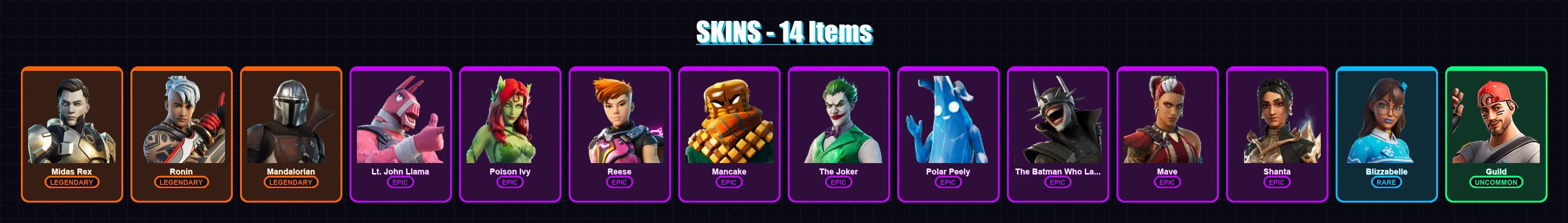 [PC/XBOX/PSN] | Midas Rex | Ronin | Mandalorian | Lt. John Llama | Poison Ivy | 14 skin | 19 pickaxe | 18 emote | 21 glider | Lv201 — main preview