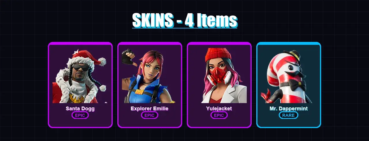 [PC/XBOX/PSN] | Santa Dogg | Explorer Emilie | Yulejacket | Mr. Dappermint | 4 skin | 2 pickaxe | 2 emote | 1 glider | #04302 — główny podgląd
