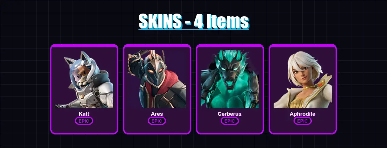 [PC/XBOX/PSN] | Katt | Ares | Cerberus | Aphrodite | 4 skin | 5 pickaxe | 5 emote | 4 glider | Lv27 — główny podgląd