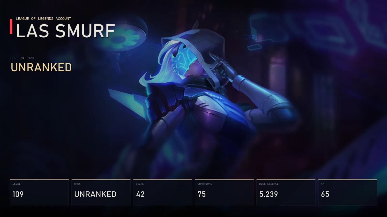 LAS | Lv109 | Unranked | 42 Skin | 75 Champion — основное превью