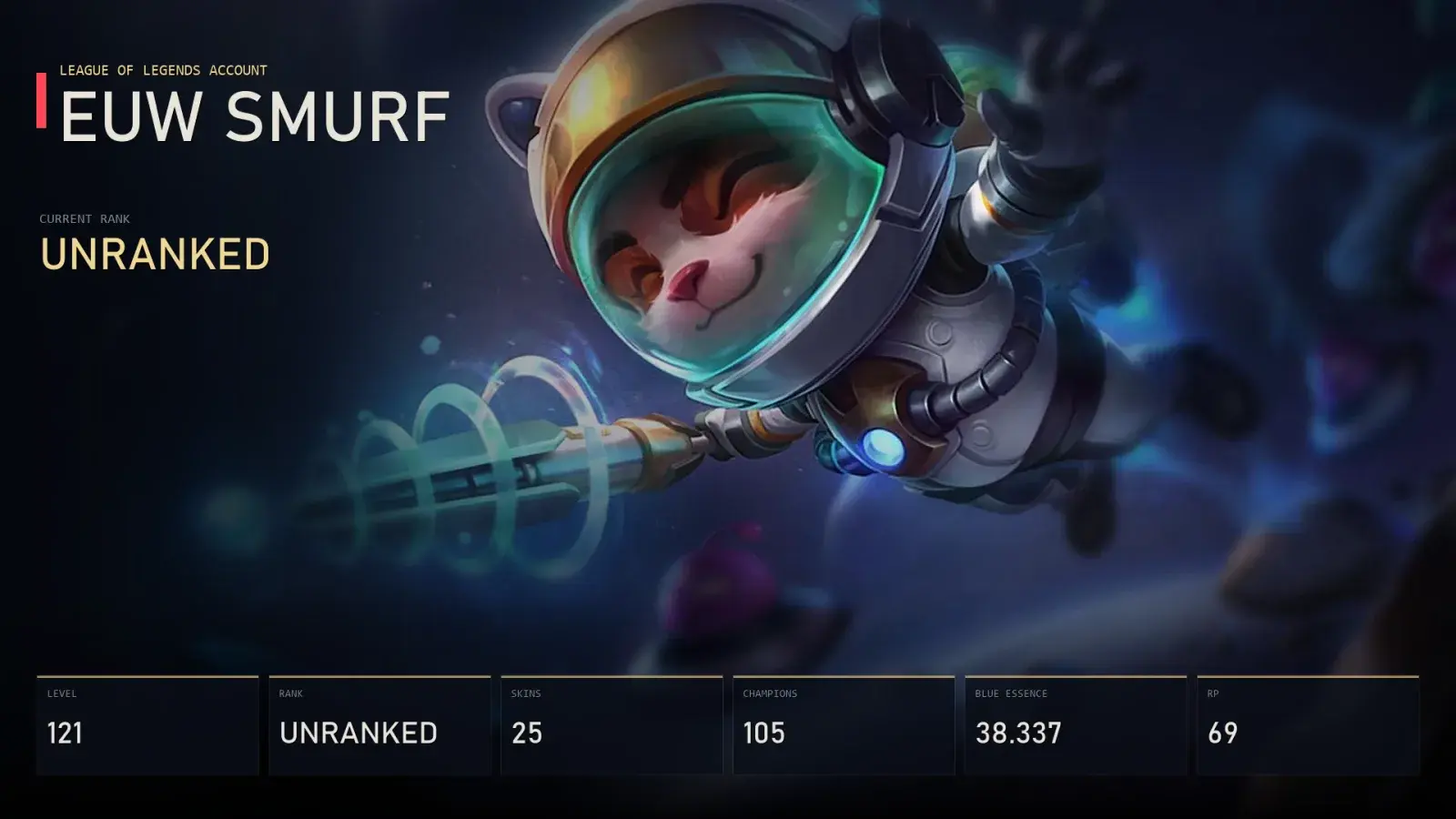 EUW | Astronaut Teemo | Dark Star Malphite | Spirit Blossom Vayne | Mecha Kingdoms Garen | Battle Academia Lux | Unranked | 25 Skin | 105 Champion — main preview