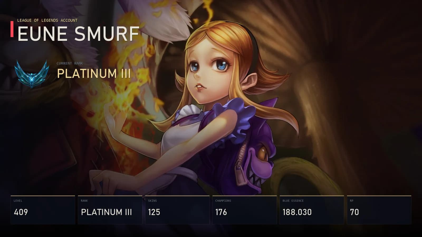 EUNE | Annie in Wonderland | Zombie Brand | Aether Wing Kayle | Omega Squad Teemo | PROJECT: Ashe | Platinum III | 125 Skin | 176 Champion — ana önizleme