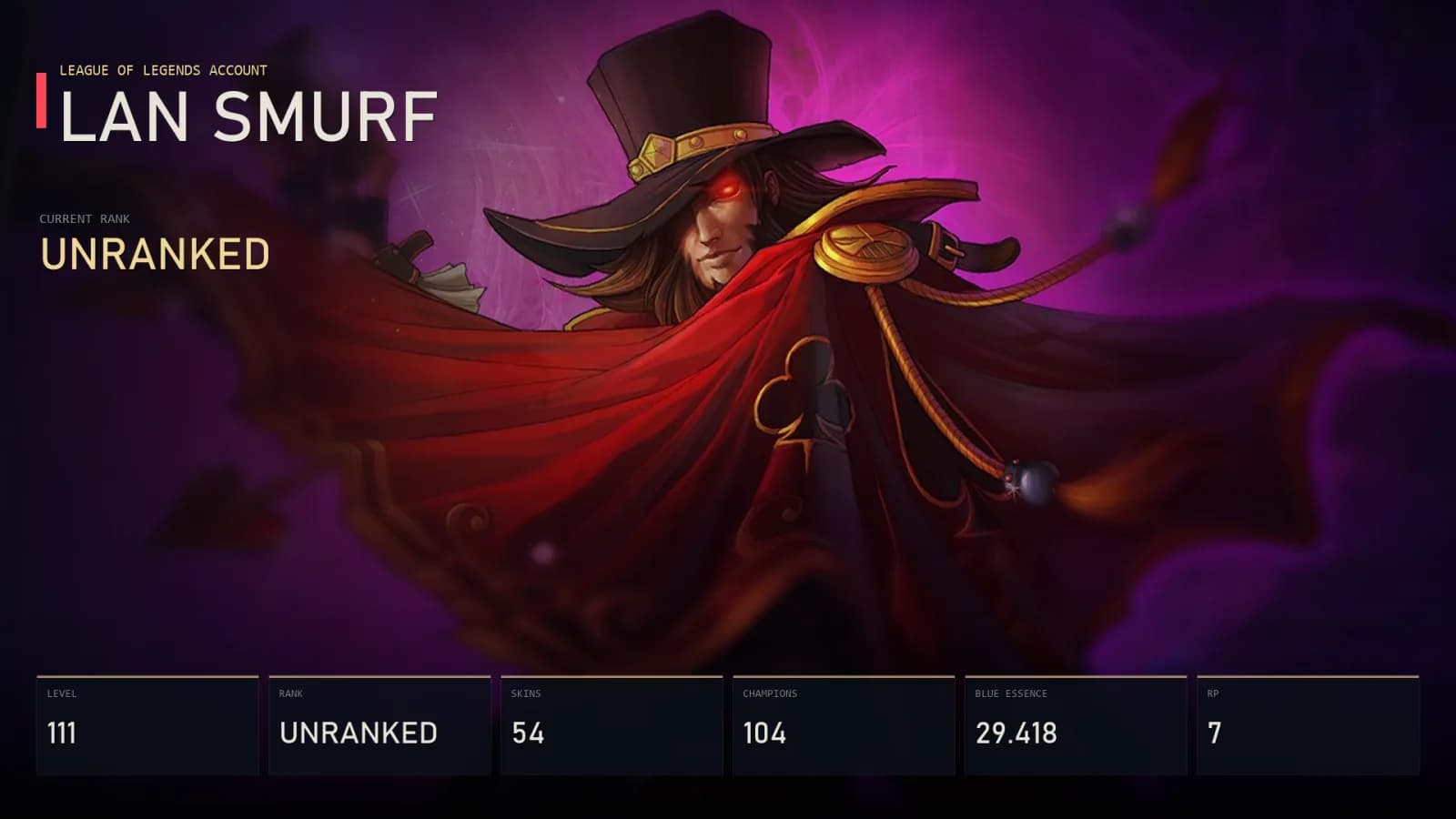 LAN | Lv111 | Unranked | 54 Skin | 104 Champion — main preview