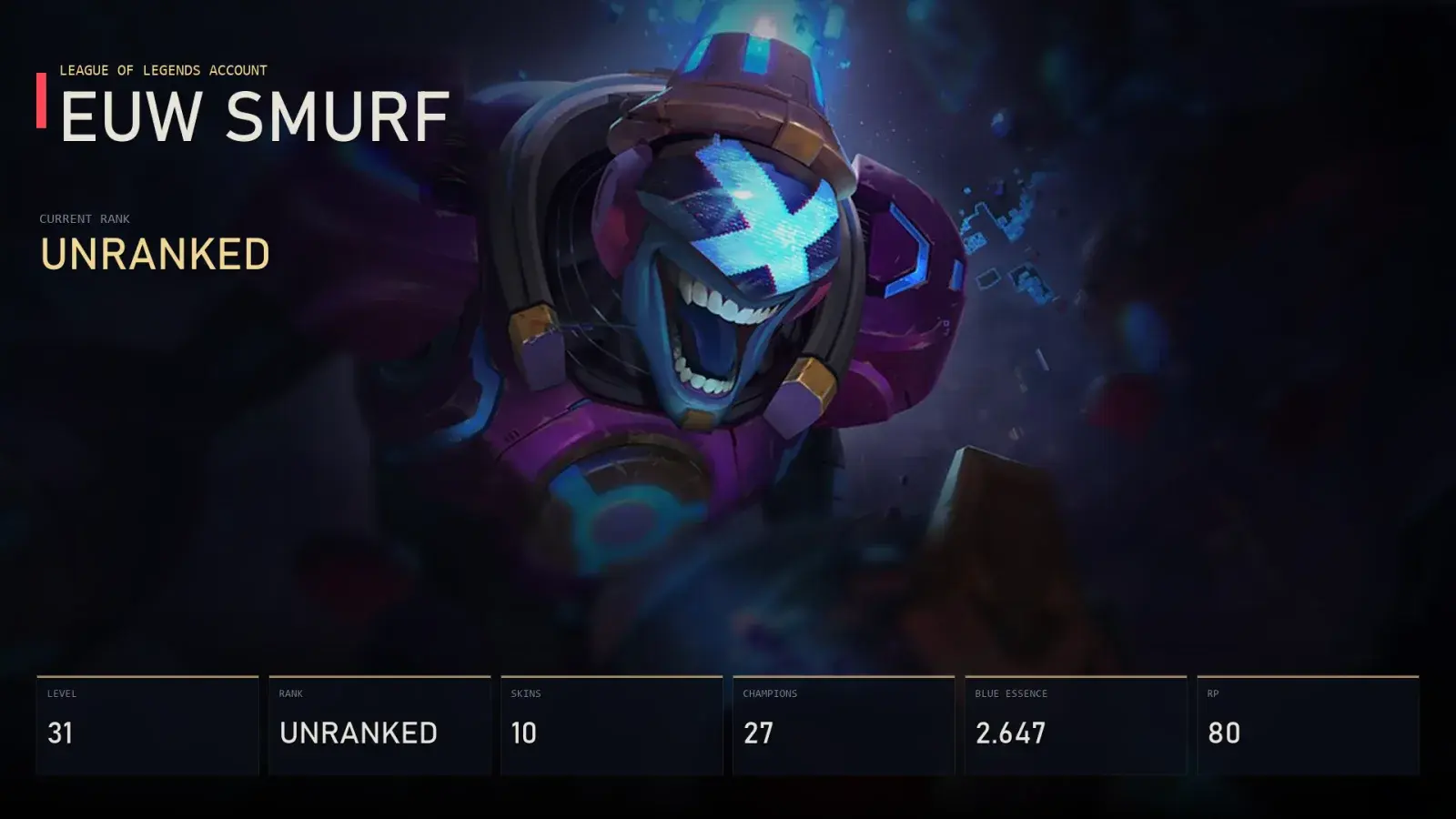 EUW | Battle Boss Brand | Mecha Kingdoms Sett | Matador Alistar | Sanguine Garen | Frostfire Annie | Unranked | 10 Skin | 27 Champion — aperçu principal