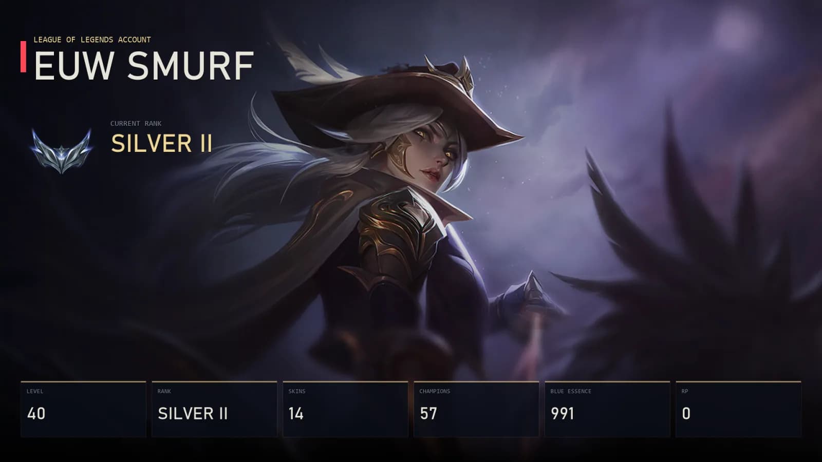 EUW | High Noon Ashe | PROJECT: Sylas | Pumpkinhead Fiddlesticks | Grey Warwick | Jaximus | Medieval Twitch | Silver II | 14 Skin | 57 Champion — anteprima principale