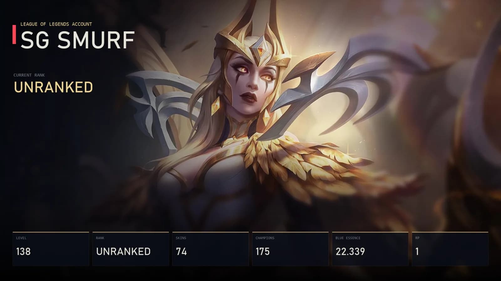 SG | Lv138 | Unranked | 74 Skin | 175 Champion — main preview