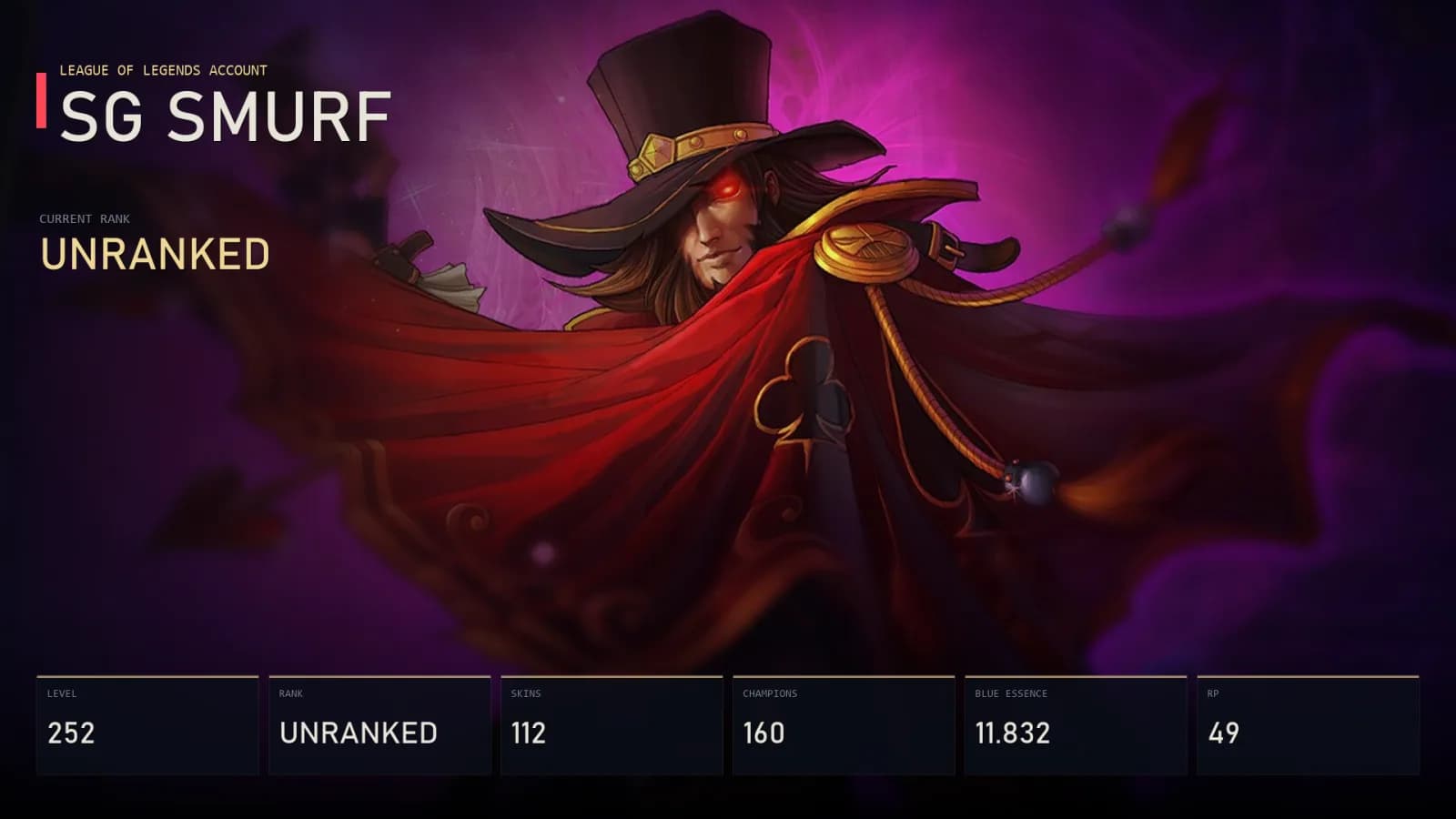 SG | Lv252 | Unranked | 112 Skin | 160 Champion — main preview