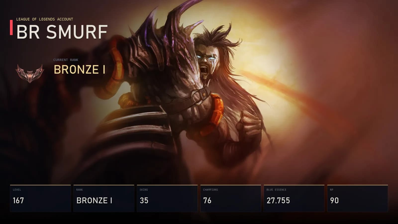 BR | Demonblade Tryndamere | God-King Garen | Heartseeker Yuumi | Warring Kingdoms Xin Zhao | Eternal Dragon Brand | Bronze I | 35 Skin | 76 Champion — ana önizleme