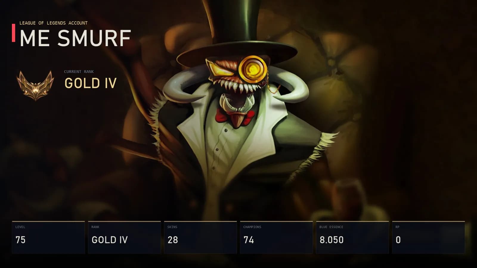 ME | Lv75 | Gold IV | 28 Skin | 74 Champion — main preview