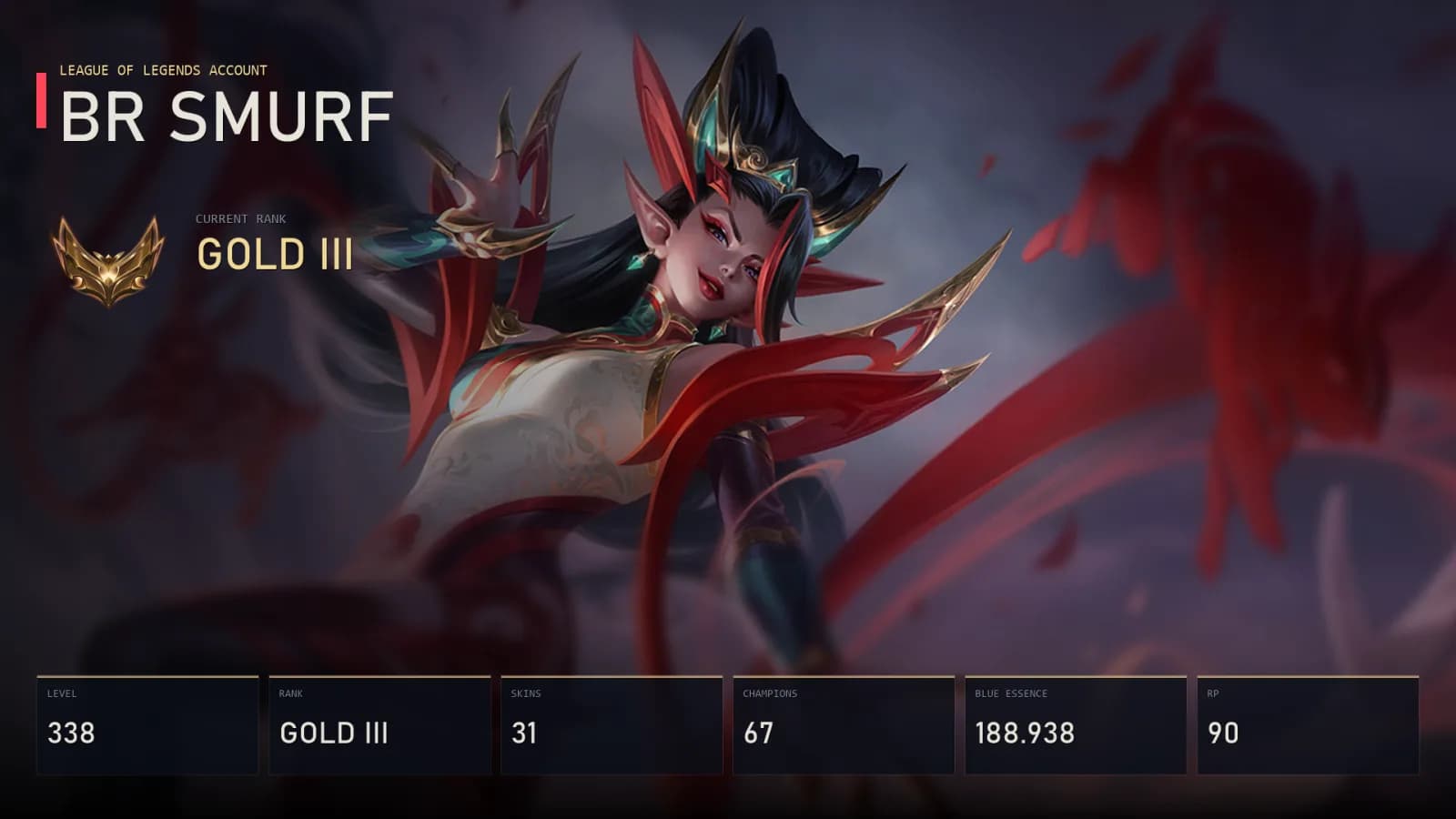 BR | Mythmaker Zyra | Void Bringer Illaoi | Victorious Blitzcrank | Victorious Sejuani | Arcane Enemy Jinx | Gold III | 31 Skin | 67 Champion — aperçu principal