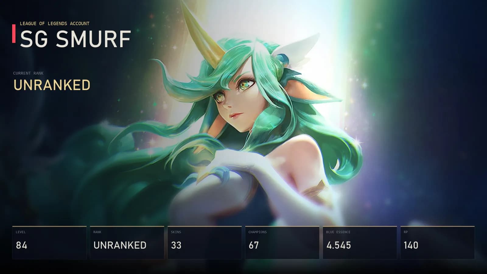 SG | Lv84 | Unranked | 33 Skin | 67 Champion — 메인 미리보기