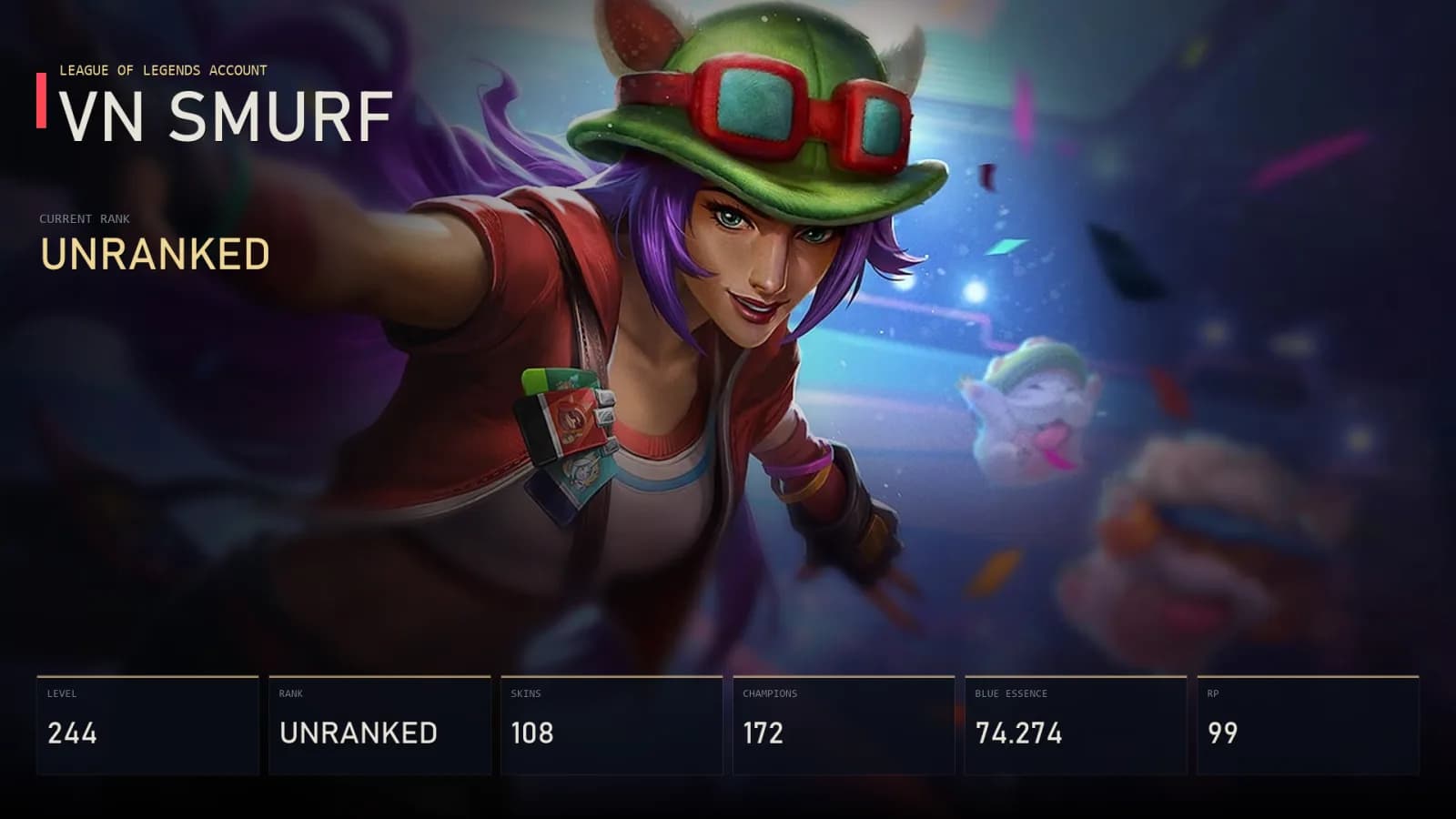 VN | Lv244 | Unranked | 108 Skin | 172 Champion — main preview