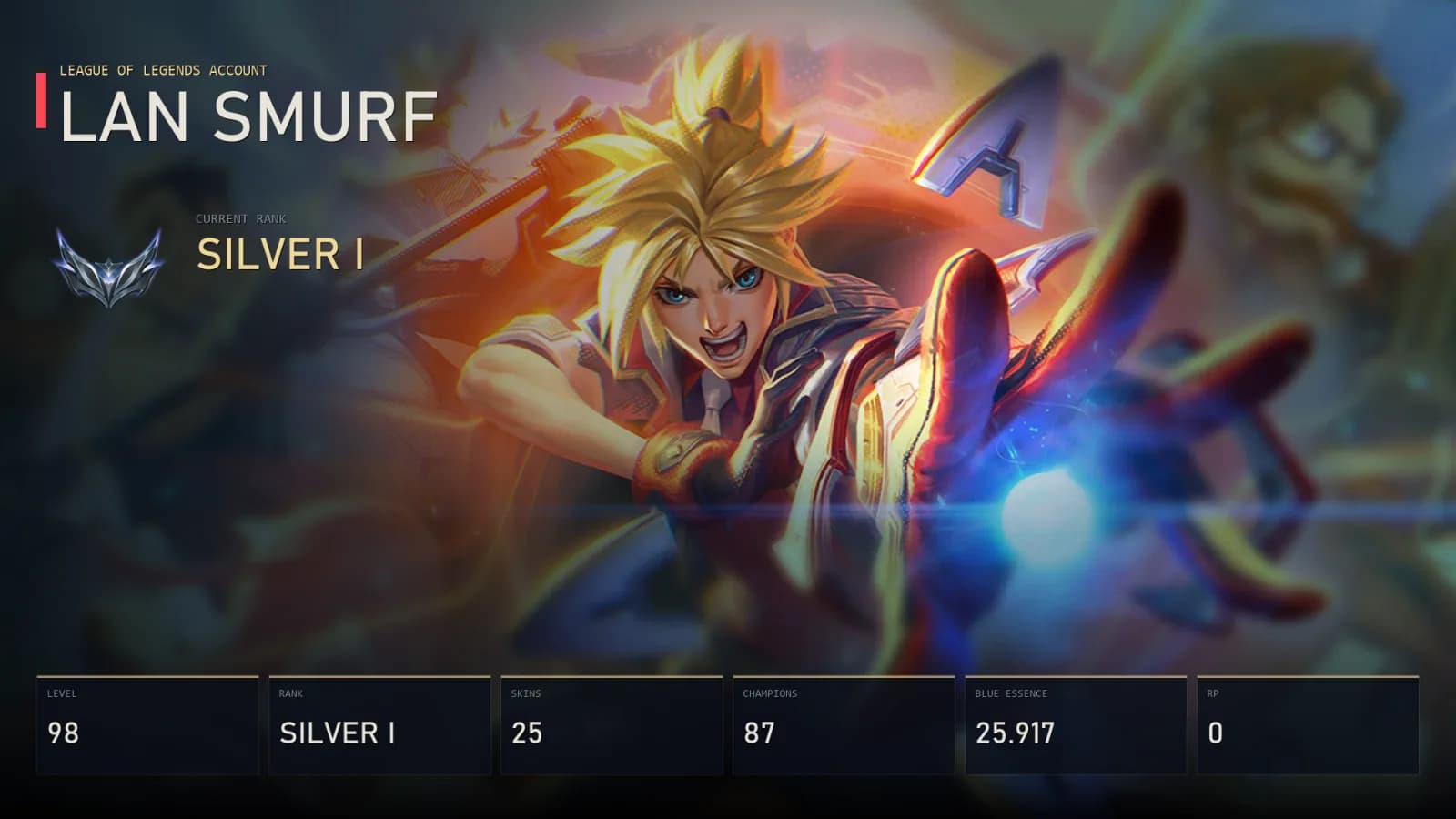 LAN | Lv98 | Silver I | 25 Skin | 87 Champion — main preview